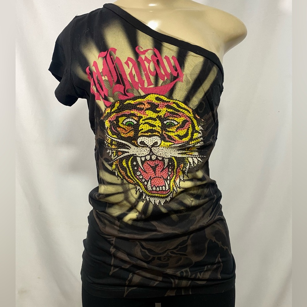 Ed Hardy Women Black Tiger Shirt Rhinestones Asymmetrical Design